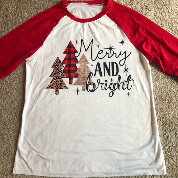Tops - New Christmas Baseball Tee Merry and Bright Medium red white gold tree top